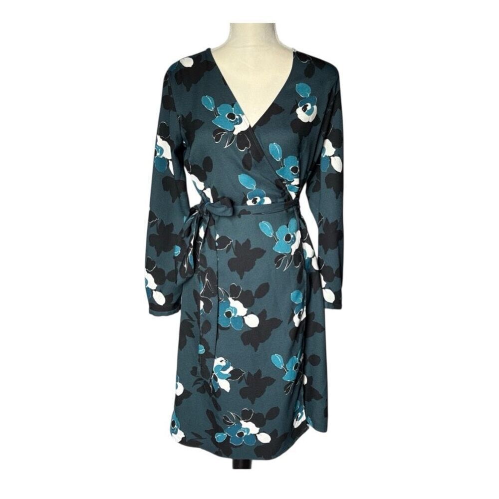 Banana Republic Black Teal Midi Floral V Neck Long Sleeve Wrap Dress size 2